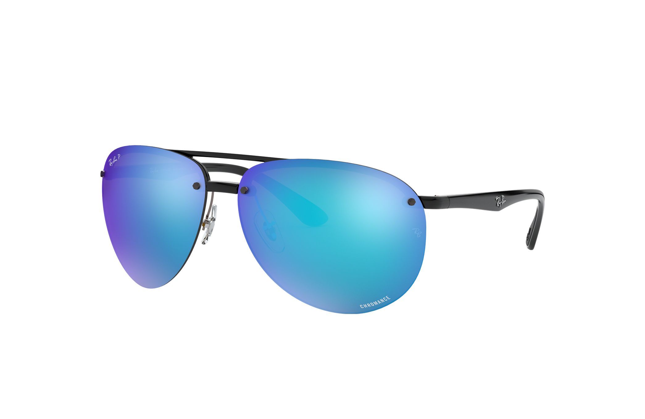 Ray-Ban RB4293 CH-601/A1 sunglasses featuring a gloss black nylon frame and blue Chromance lenses, perfect for men.